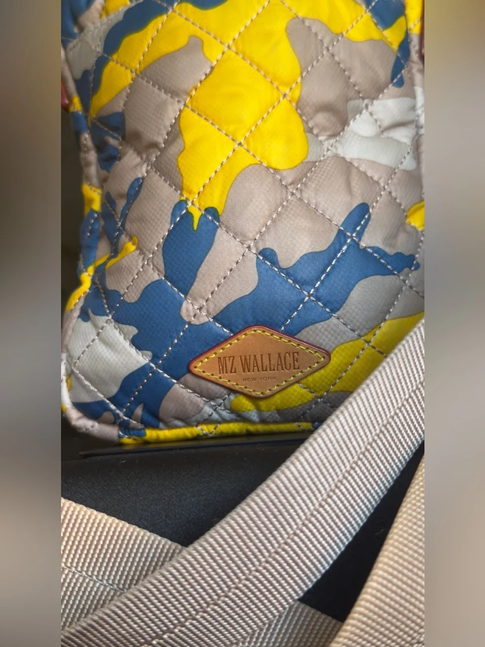 MZ Wallace Metro Crossbody Bag Spring Camo Quilted Nylon Yellow Blue Phone Pouch